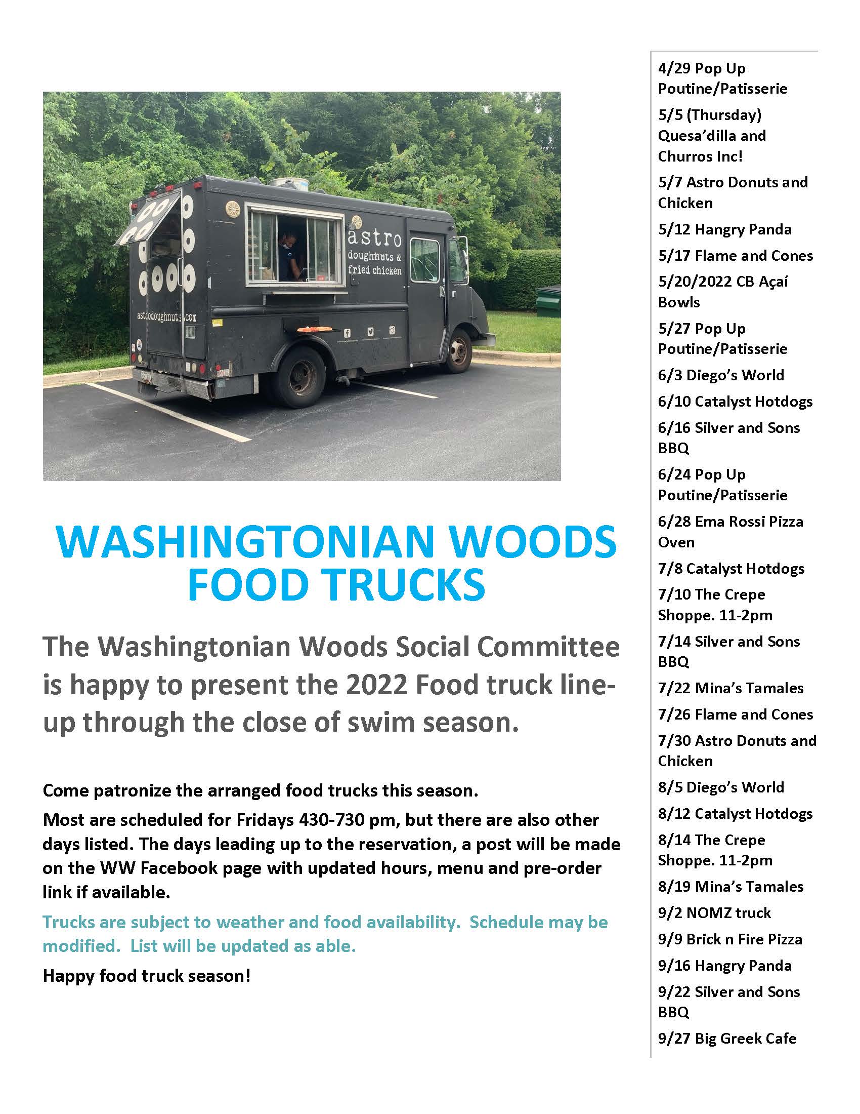 Food Truck Calendar Washingtonian Woods Homeowners Association, Inc.